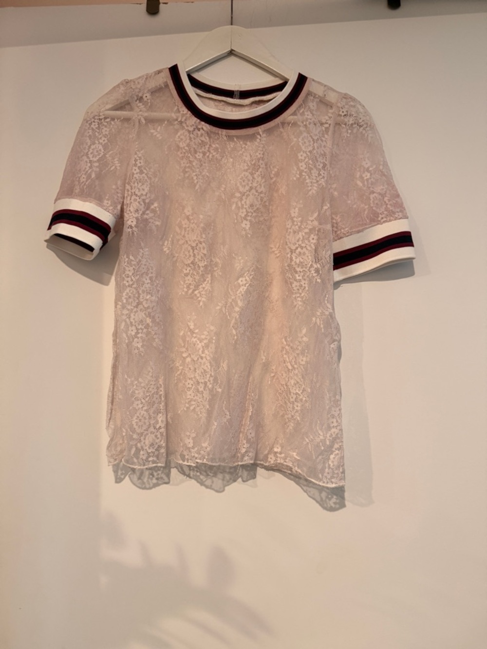 Baum and pferdgarten Sheer pink tint  Lace Short-Sleeve Top with Striped Trim
